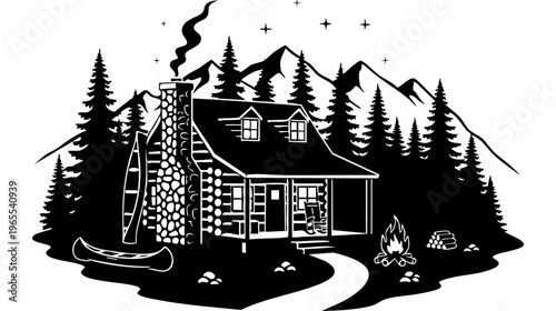 A small house in the woods with a mountain range isolated on transparent background, Vector