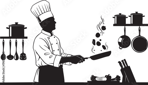 A chef cooking with a frying pan isolated on transparent background, Vector