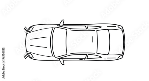 Simple black and white vector illustration graphic showing a top down view of a modern automobile signaling a turn with motion lines.