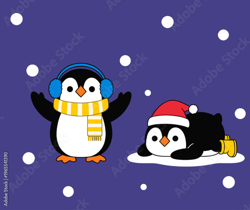 Cute Winter Penguins Playing in Snowfall Illustration, Vector Character Design of Adorable Birds with Winter Ear Muffs, Scarf and Santa Hat