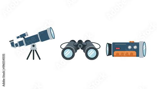 Optical Equipment Set Isolated on White Including Telescope Binoculars and Monocular for Astronomy Sightseeing Observation and Science Research