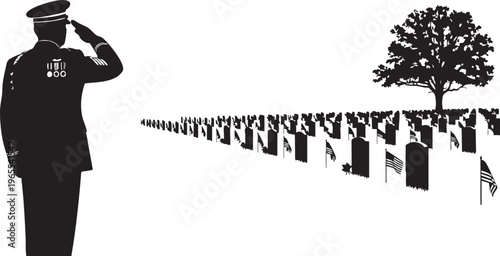 A soldier salutes in front of flags and a tree isolated on transparent background, Vector