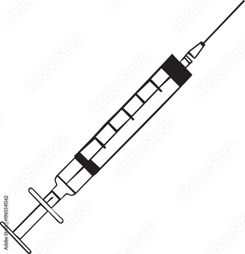 A detailed illustration of a medical syringe, showcasing its essential parts and structure. The syringe is depicted in precise detail, suggesting its role in healthcare and medical procedures.