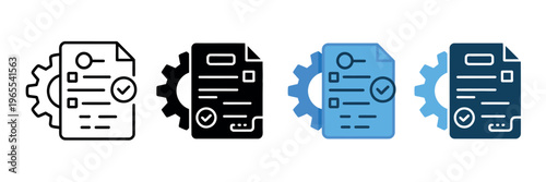 Document process management icon set featuring gear and checkmark symbols, representing approved settings, workflow, and system management, vector illustration isolated on white background