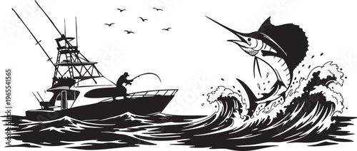 A sailfish jumping out of the water next to a fishing boat isolated on transparent background, Vector