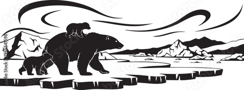 A large bear and a small bear walking on a rocky shore isolated on transparent background, Vector