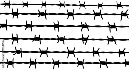 Black Barbed Wire Strands Pattern on White Background - Security and Border Concept