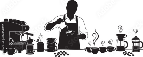 Barista making coffee with various equipment isolated on transparent background, Vector