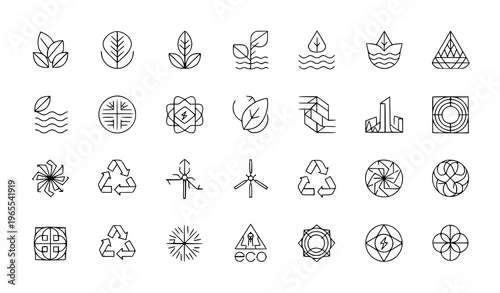 Minimal bauhaus geometric energy icons set with eco nature and power symbols black and white vector