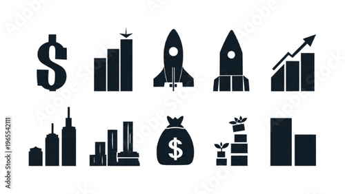 Set of startup funding silhouettes with investment flow and capital distribution elements