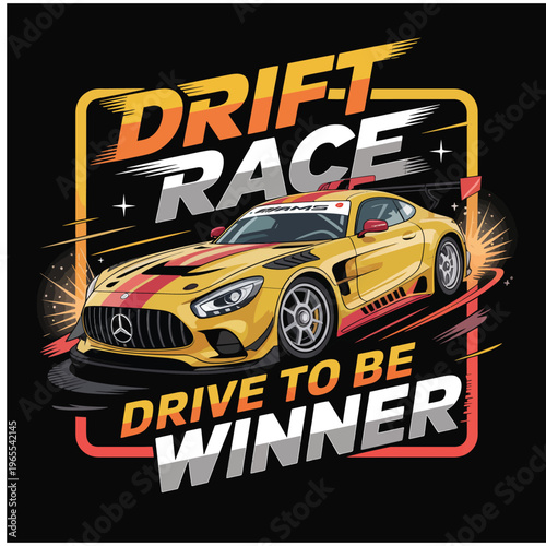 Yellow drift race car with dynamic motion graphics