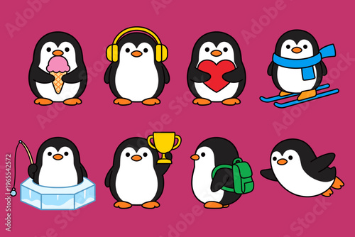 Adorable Penguin Character Collection with Various Activities, Eating Ice Cream, Listening to Music, Skiing, Fishing and Winning Trophy Vector Set