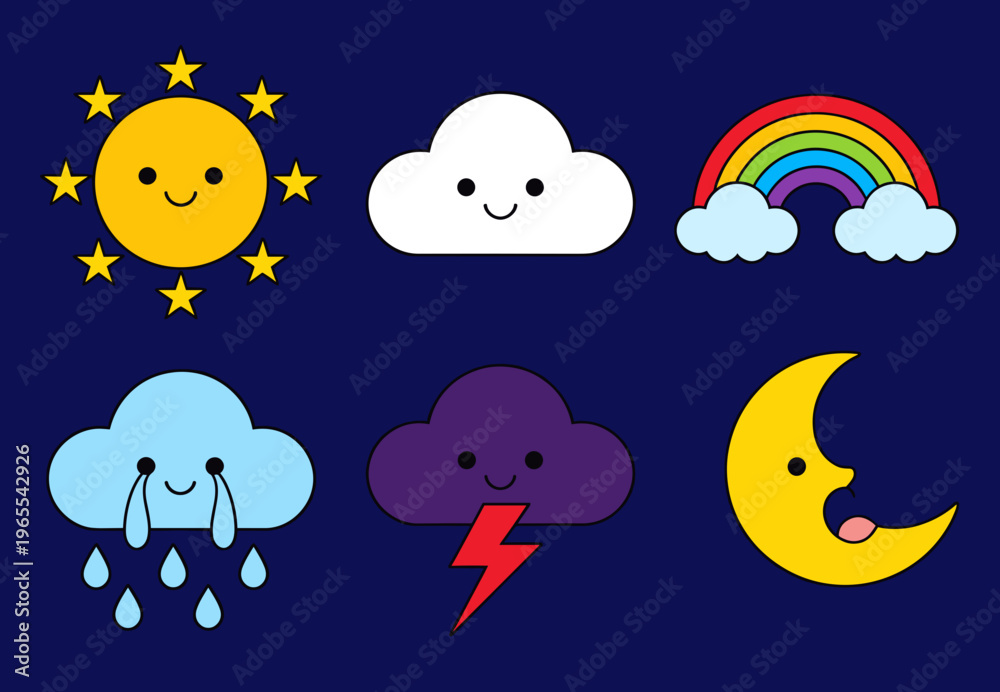 Naklejka premium Cute Weather Icons Set with Kawaii Sun Cloud Rainbow Rain Lightning and Moon Characters, Vector Weather Forecast Symbols for Kids Design and Apps