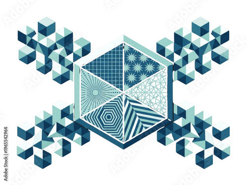 Abstract geometric pattern with blue and white shapes