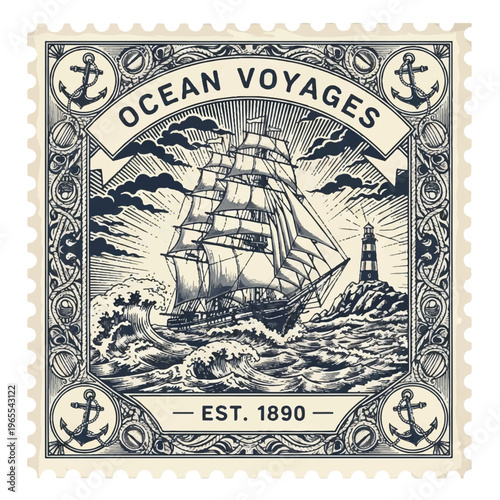 Vintage ocean voyage stamp featuring a tall ship at sea with a lighthouse and rugged coastline.
