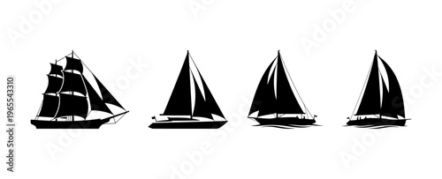 Vintage Sailing Ships and Yachts Silhouette Icons Set Isolated on White Background, Sailboat, Schooner, Marine Vessel Vector Symbols for Nautical Travel and Maritime Industry