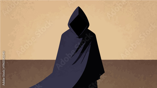 Dark hooded mysterious figure silhouette vector illustration on beige background