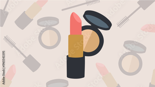 Flat vector illustration of open lipstick compact powder and beauty tools