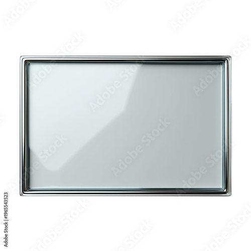 A sleek, empty rectangular glass frame with metallic border displayed on black background. isolated on transparent background
