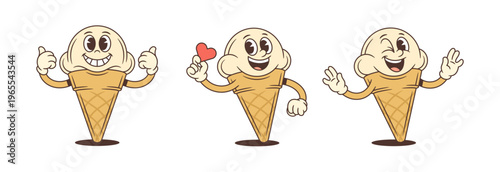 Set of retro cartoon ice cream characters. Happy vintage mascot collection shows thumbs up, holds a heart, and winks. Funky vector illustration for stickers or brand logotype design