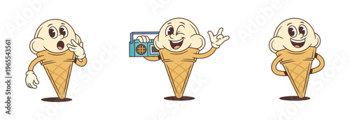 Set of retro cartoon ice cream characters. Mascot collection looks surprised, holds a boombox, and stands confidently. Funky vector illustration for stickers or brand logotype design