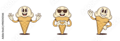 Set of retro cartoon ice cream characters. Happy mascot collection waves, makes a heart gesture, and shows an ok sign. Funky vector illustration for stickers or brand logotype design