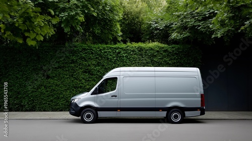 Side profile of a generic silver delivery van parked on a street with a green hedge background