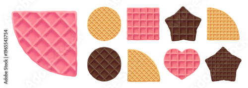 Waffle round biscuit for belgian ice cream, tasty wafer texture icon. Square pink stroopwafel and star chocolate belgium food, pattern background. Isolated cute cookie heart, sweet syrup pancake 3d