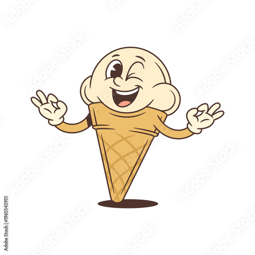 Winking retro cartoon character of an ice cream cone mascot showing an okay hand gesture. Happy vintage vector illustration perfect for a sticker, print, or a positive and yummy design
