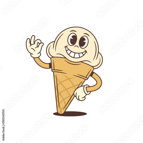 A retro cartoon character of a happy ice cream cone mascot showing an ok hand sign. Vintage vector illustration perfect for a sticker, print, or a positive and friendly design element
