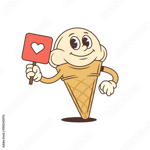 Funny retro cartoon ice cream character holding a love sign. Happy mascot for a sweet dessert shop. Groovy vintage vector illustration for food branding, menu design, or a cheerful sticker