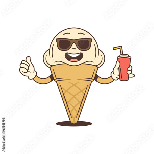 Cool retro cartoon ice cream character in sunglasses holding a drink and showing thumbs up. Happy vintage mascot for a summer party. Funky vector illustration for a cafe menu or sticker