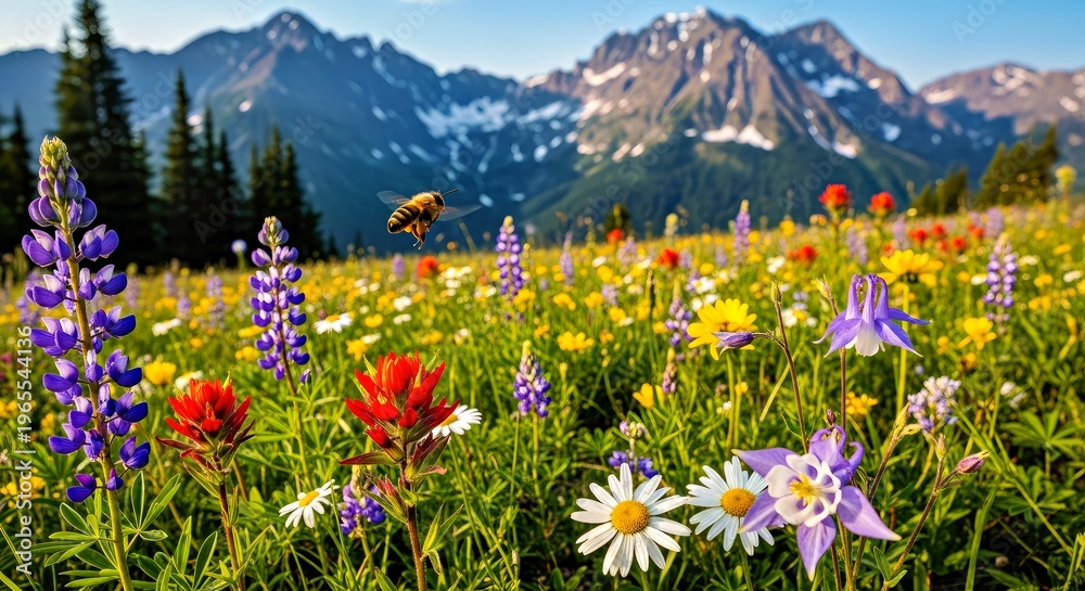 Fototapeta premium Vibrant Wildflower Meadow With Mountain Backdrop and Bee