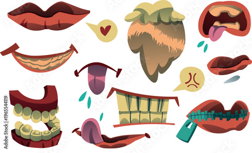 Cartoon Mouth Expressions Set with Teeth, Lips and Emotions Vector Illustration