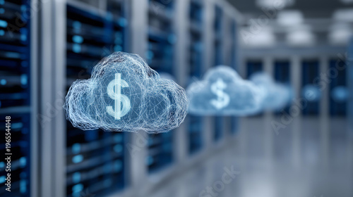 3D cloud computing server infrastructure with floating dollar sign icons, financial data management concept, digital economy visualization, fintech infrastructure, with copy space