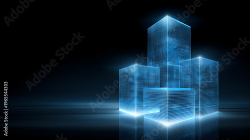 Isometric view of three futuristic server stacks emitting soft blue light against a deep black background, enterprise data center, cloud hosting, IT architecture, 3D render, with
