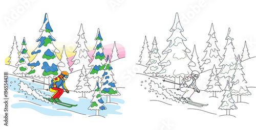 Winter Sports Skiing Coloring Book Illustration for Kids with Colored Version, Skier Gliding Downhill in Snow Forest Landscape, Educational Activity Page for Children