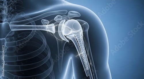 3D Rendering of a Human Shoulder Joint with Prosthetic Implant and Rib Cage
