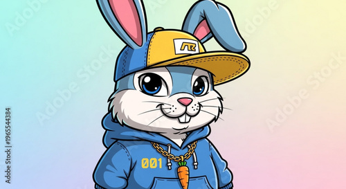 Cartoon blue rabbit in trendy outfit with hoodie hat and gold chain on colorful gradient background