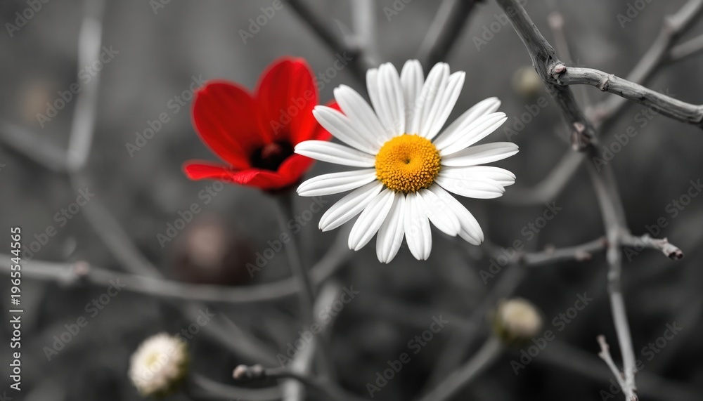 Obraz premium White daisy and red anemone bloom on grey branch. Close up on two contrasting flowers, nature detail. White petals contrast red bloom, blurred grey background.