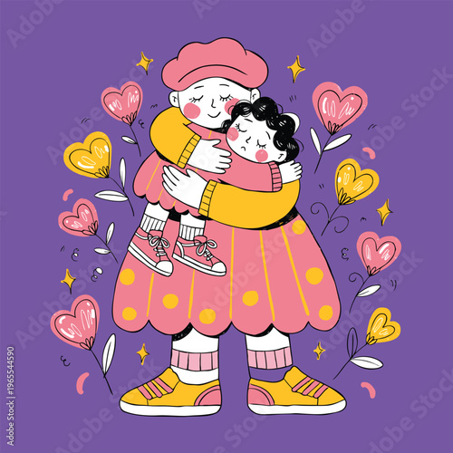Hand drawn mother hugging daughter vector illustration, cute family embrace with heart flowers, whimsical maternal love and parenting concept