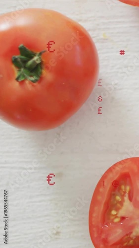Vertical video: Cut starting red symbols drifting onto tomato pair halved on board for food pricing