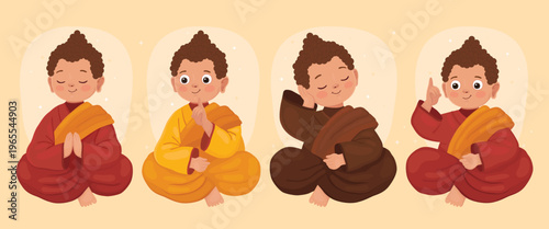 Four cute little cartoon Buddhist monks in meditation poses. Little Buddhas in red, yellow and brown robes. Buddha points his finger up, in a pose of prayer, thoughtful smiling Buddha.