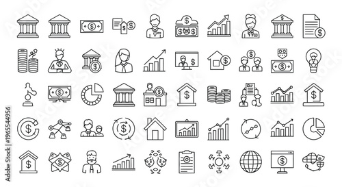 Collection of financial icons representing banking investment and economic growth