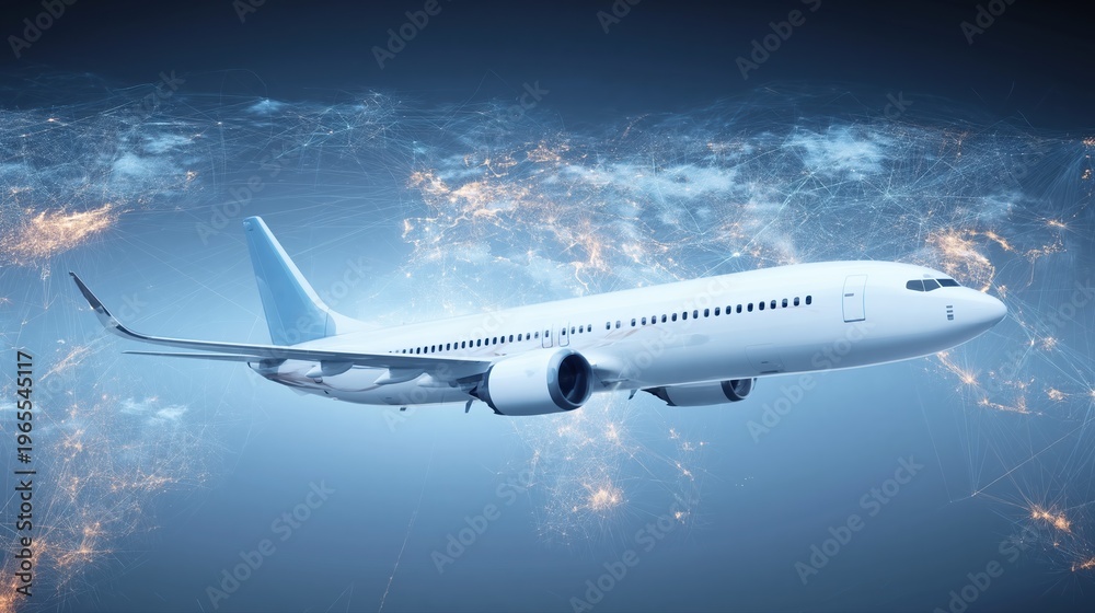 Naklejka premium A futuristic aircraft soars above a glowing global data network. The image highlights advanced airline technology connecting airports worldwide.