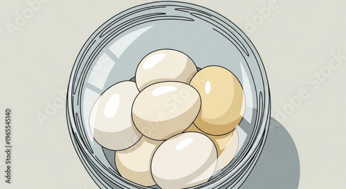 Glass jar filled with assorted white and brown eggs on neutral background