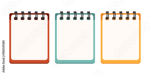 Spiral-bound notebook in blue, red, and orange. Set of notebook illustrations. Diary, sticker, note, vector drawing. Isolated.