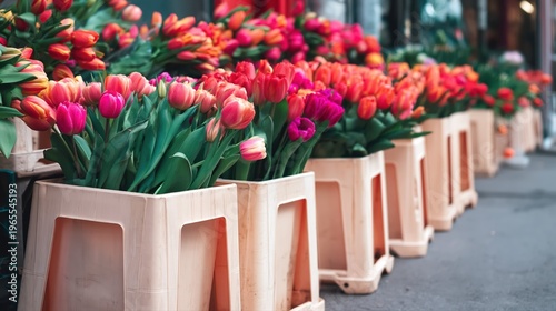 Vivid tulips bloom in wooden crates outside a street shop under soft natural light. Ultra realistic display with cinematic textures and vibrant floral colors.