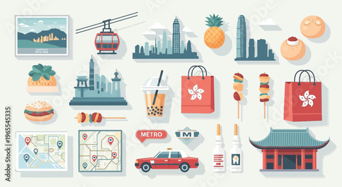 A vibrant collection of Hong Kong travel and culture icons, featuring landmarks, local food, diverse transport, and shopping elements in a flat design style.