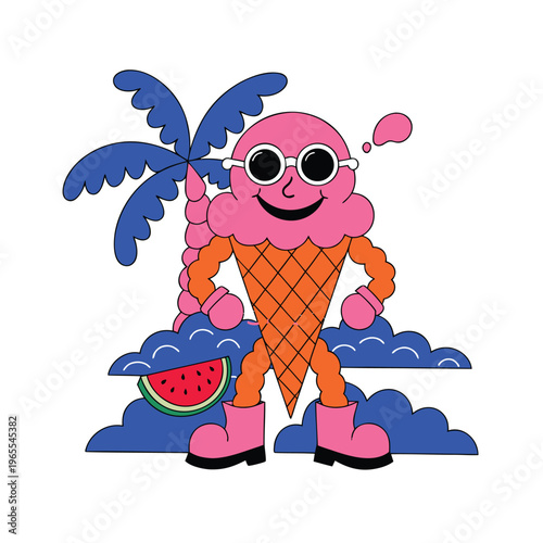 Retro cartoon ice cream character with sunglasses, funky summer mascot vector illustration, vintage 90s style tropical vacation aesthetic